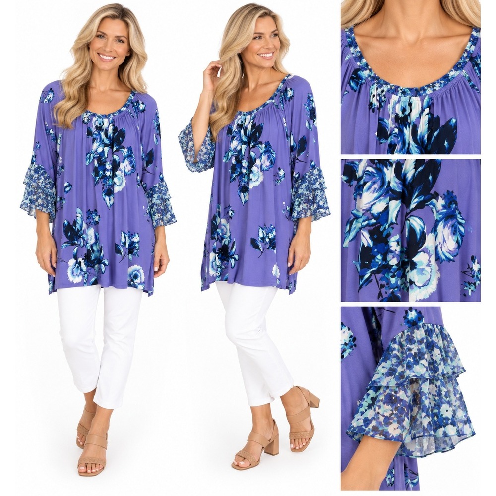 Susan Graver Tunic 2X Purple Floral Tiered Bell Sleeve Scoop Neck Flowy Boho